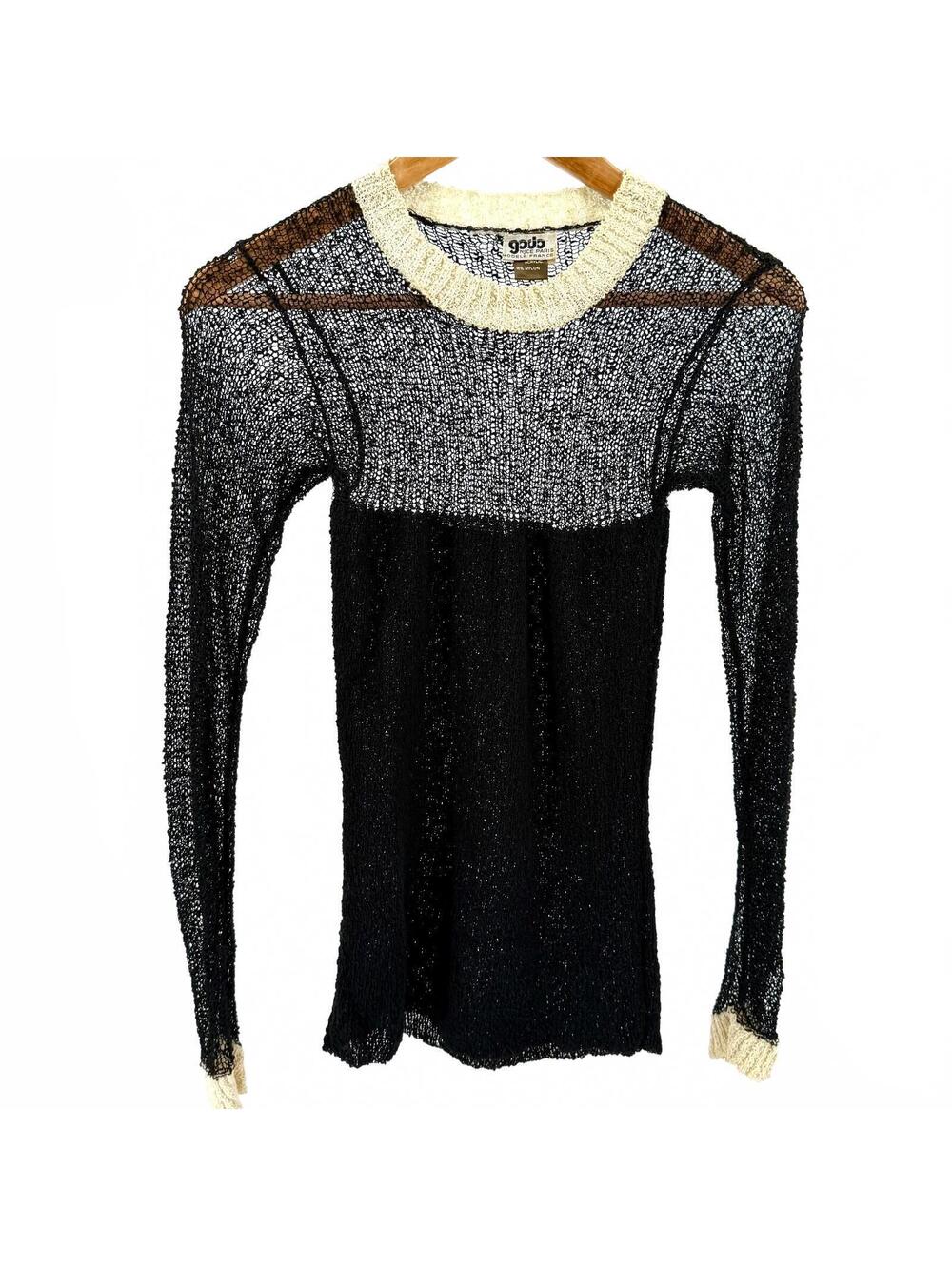 Vintage 70s Godo Black Cream Sheer Open Knit French Sweater